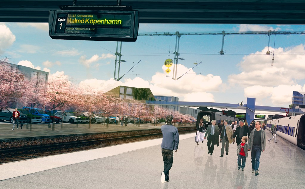  En illustration av Karlshamns stationsområde i en framtidsvision ritad av White akitektbyrå 2012. Foto: 