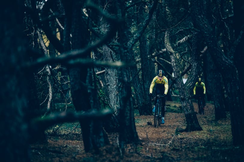två cyklister i en mörk tallskog. Foto: Svenska Cykelförbundet 