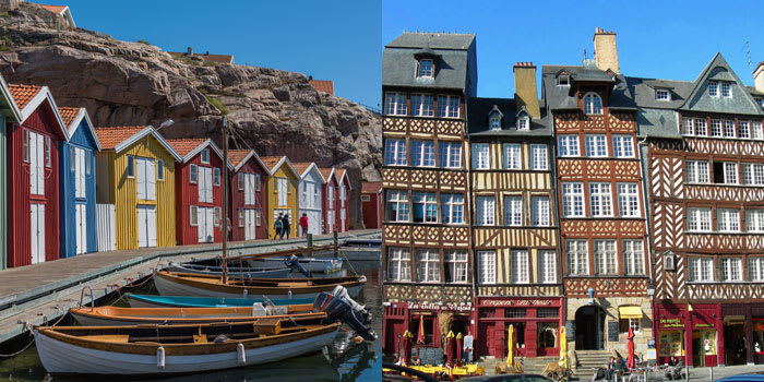 Bohuslän har bättre ostron än Bretagne. Två foton med trähus. Foto: SJ