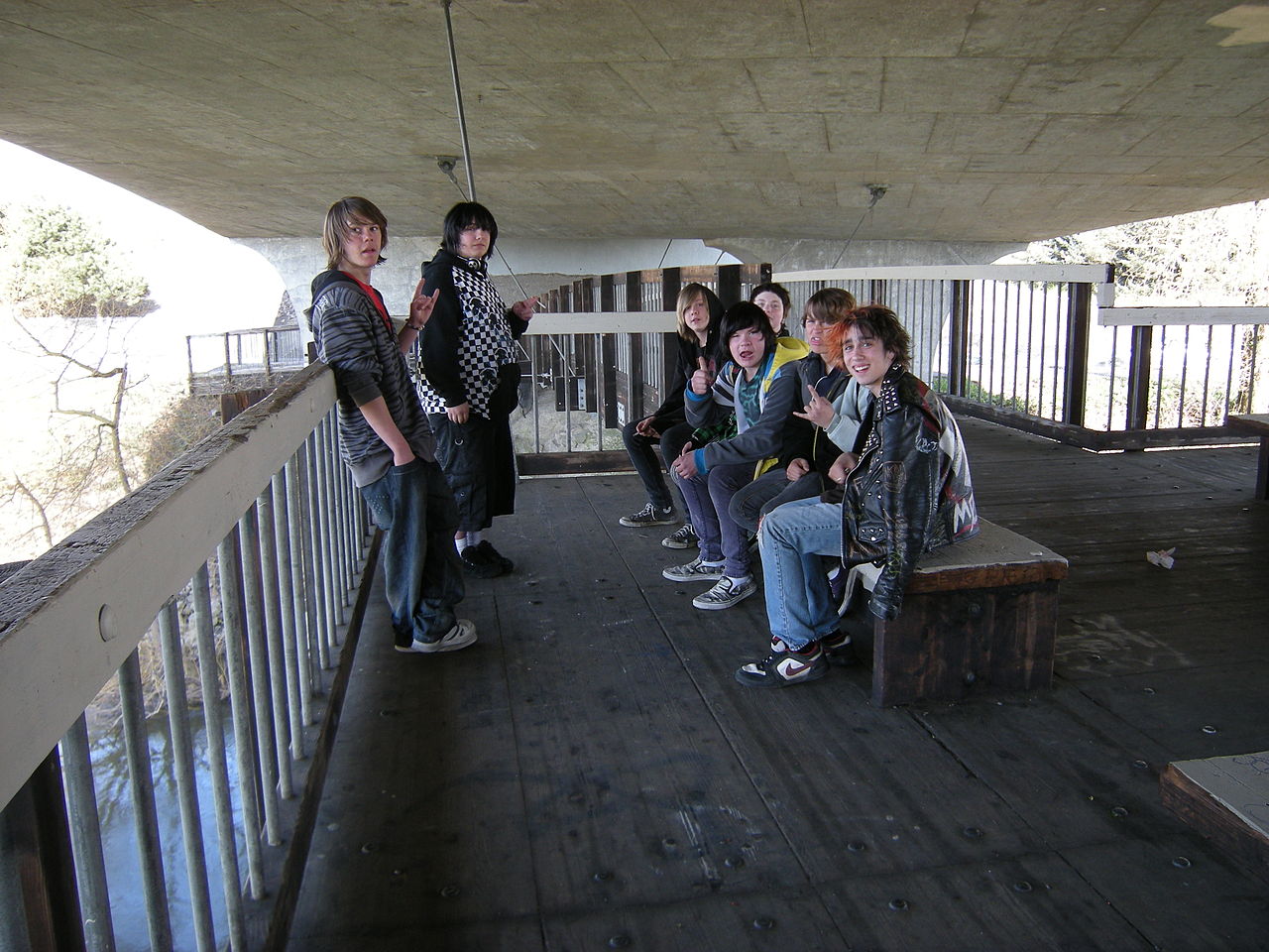 Tonåringar hänger på en gångbro. Foto: Joe Mabel