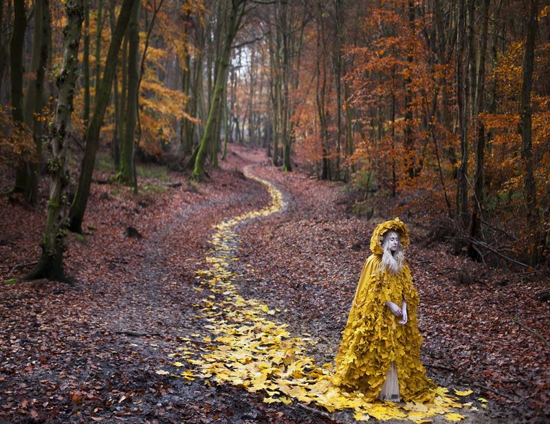 En kvinna klädd i gula underliga kläder går på en skogsstig på hösten. Fotograf: Kirsty Mitchell