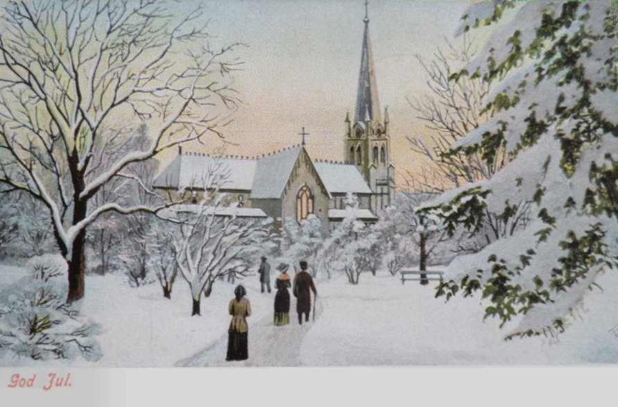 Julkort med snö och kyrka. Foto: Wikimedia