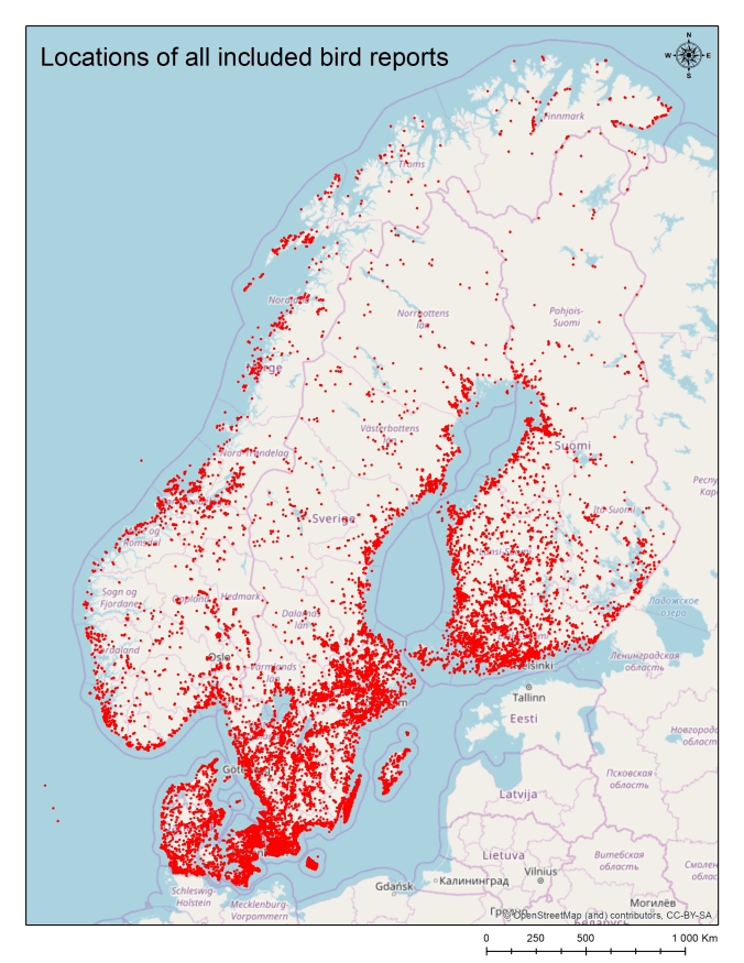 Kartbild över inrapporterade flyttfåglar. Foto: Umeå universitet