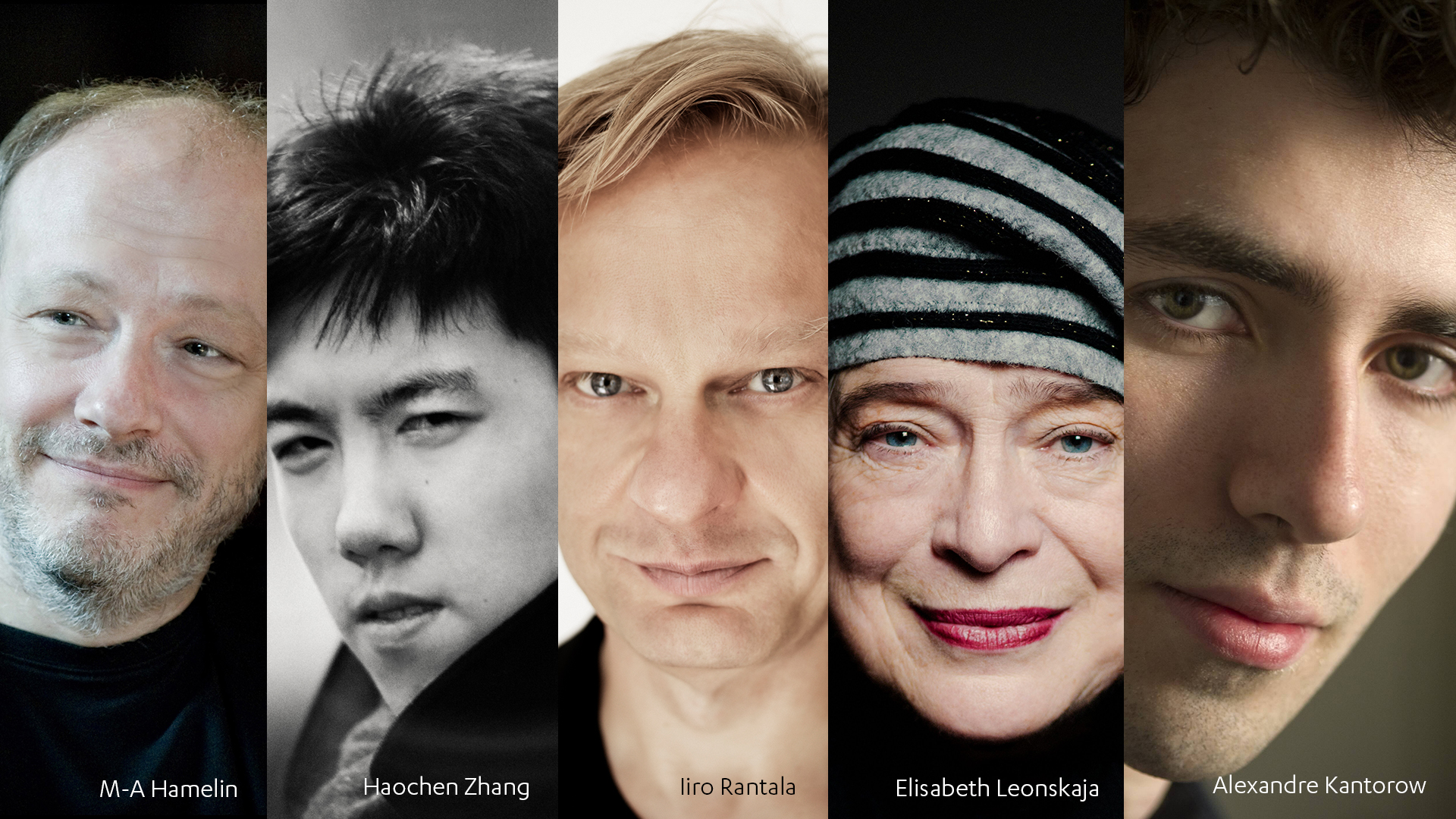 Fem pianister: M-A Hamelin, Haochen Zhang, Iiro Rantala, Elisabeth Leonskaja, Alexandre Kantorow. Foto:  Dunkers kulturhus