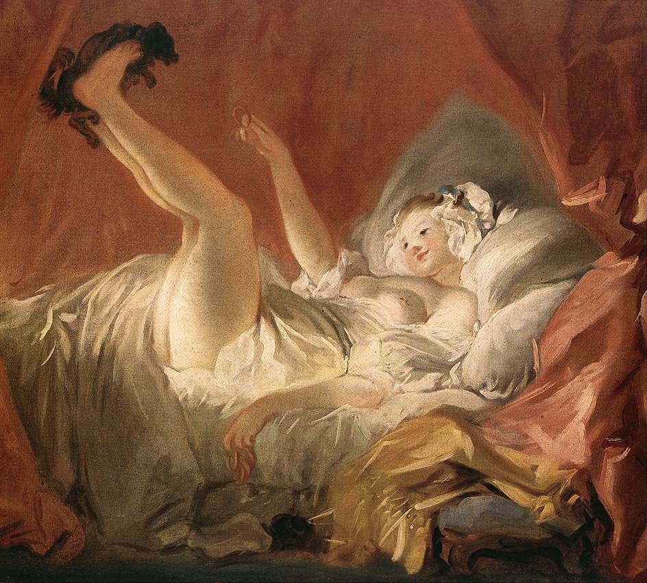 Kvinna leker med hund i sängen. Tavla av Jean-Honoré Fragonard.